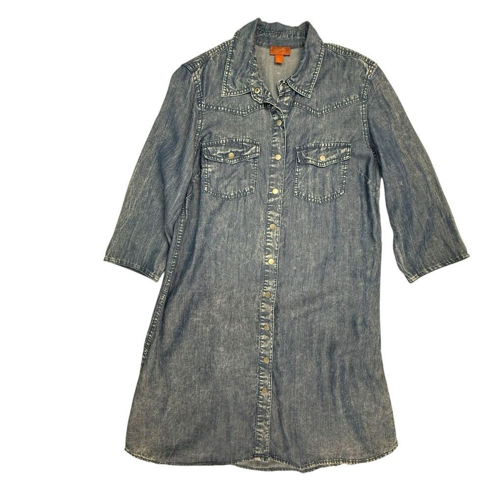 Scully Western Chambray Denim Dress Women Medium Blue 3/4 Sleeve Snap Front
